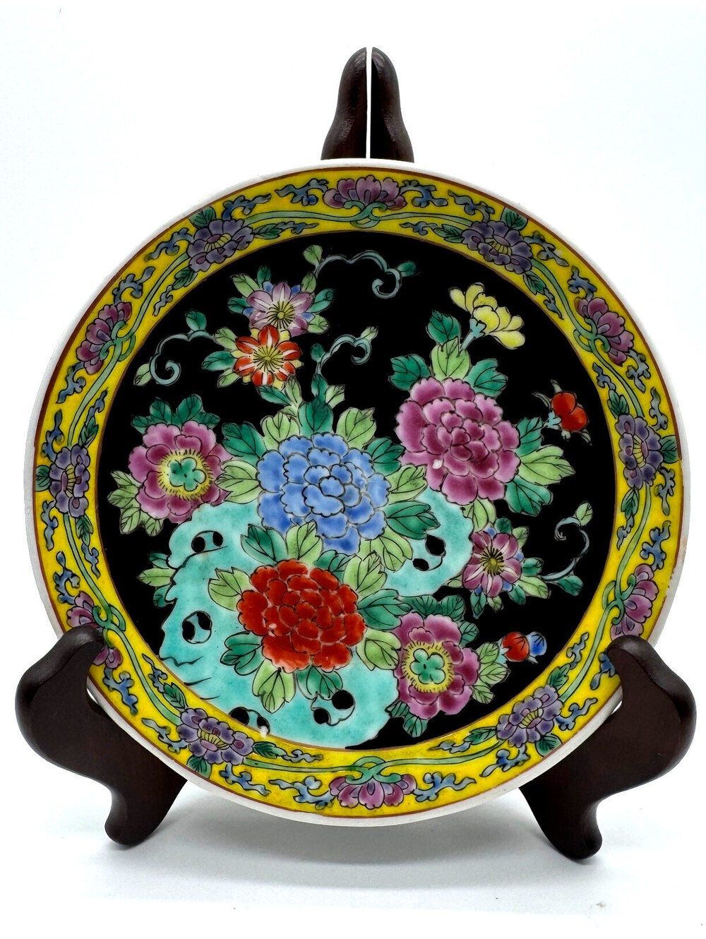 Antique Nippon Hand Painted Black Floral Porcelain Plate 7.5" Japan